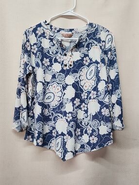 SJS Navy and White Paisley Henley Long Sleeve Top